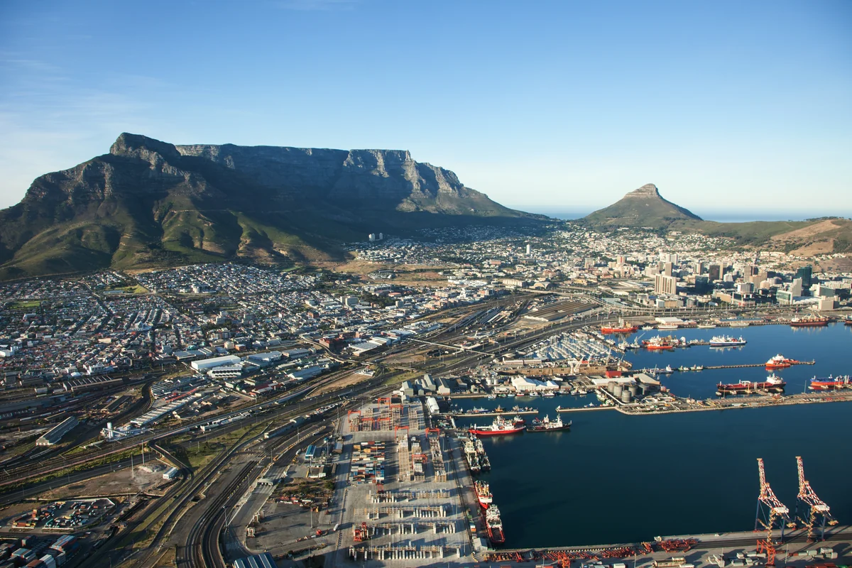 Cape Town harbour with Table Mountain beyond, South Africa.
