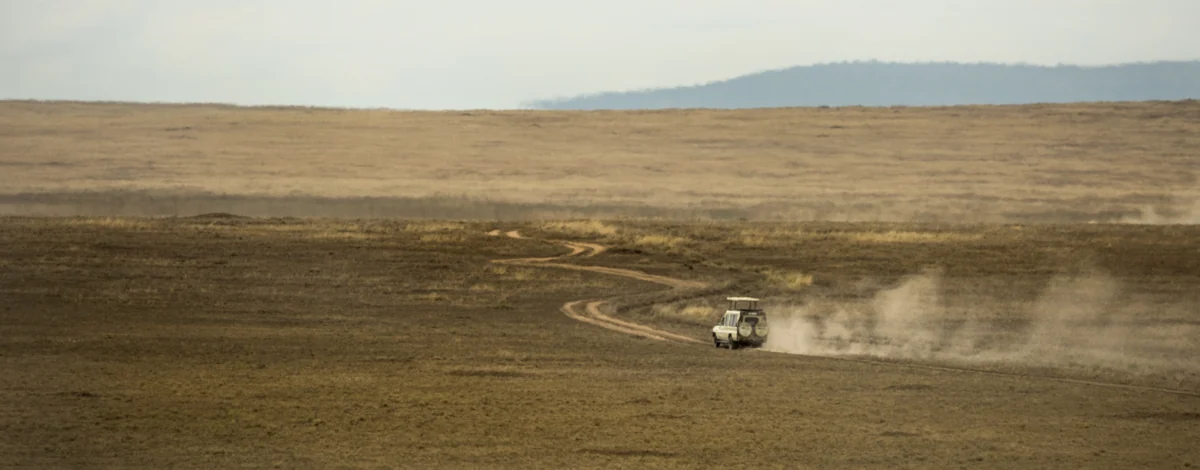 Veicoli da safari attraversano le pianure del Serengeti, in Tanzania.
