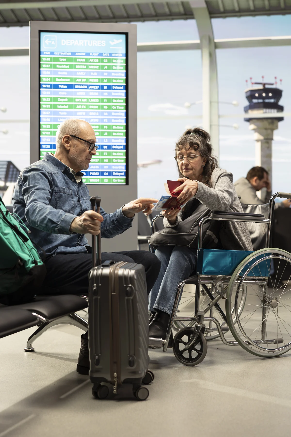 Uma mulher idosa que utiliza cadeira de rodas está sentada com o marido numa zona de partidas de aeroporto. Fotografia ilustrativa; não mostra a Emirates nem o Dubai.