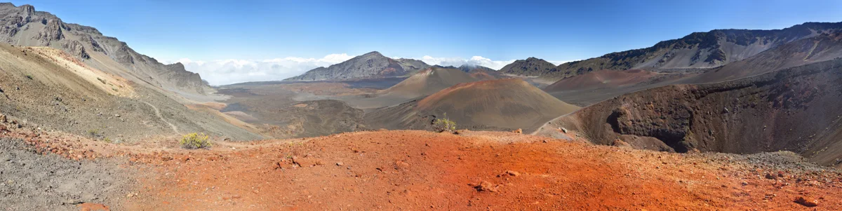 Daytime panorama of Haleakalā crater, Maui; illustrative landscape, not a sunrise photograph.