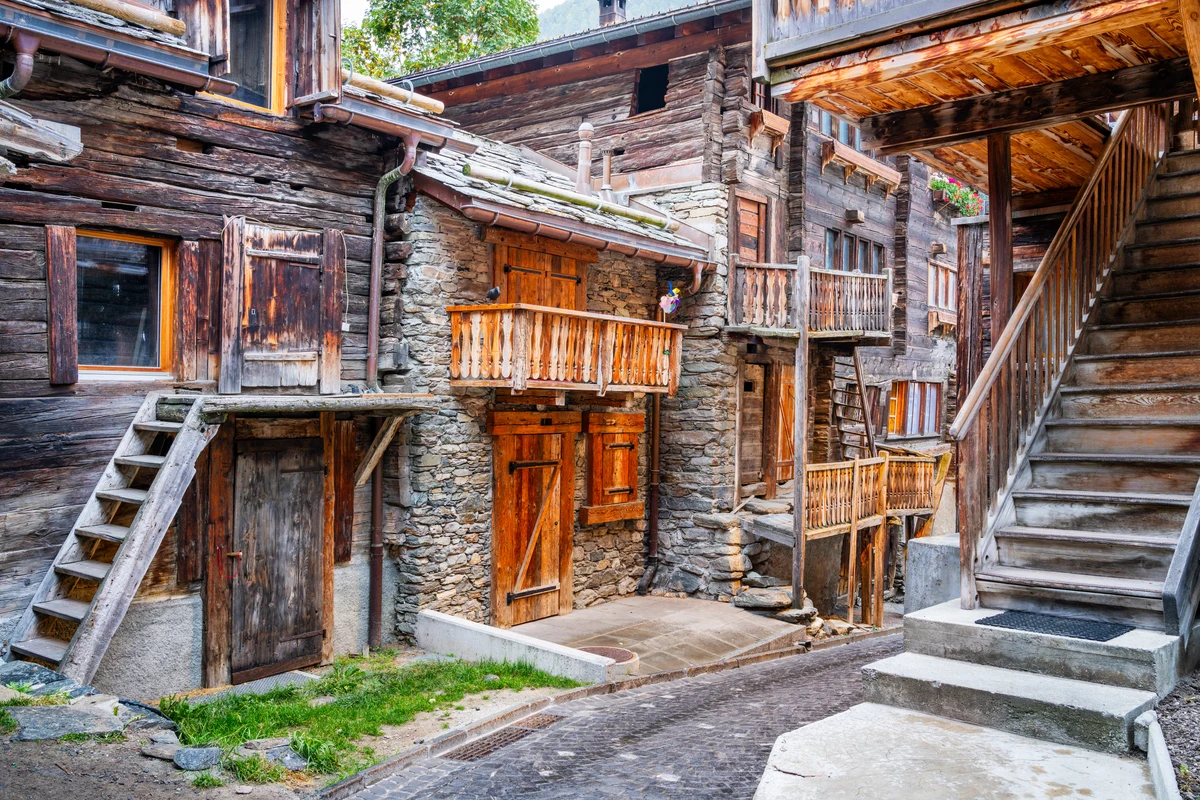 Timber and stone buildings along Hinterdorfstrasse in Zermatt